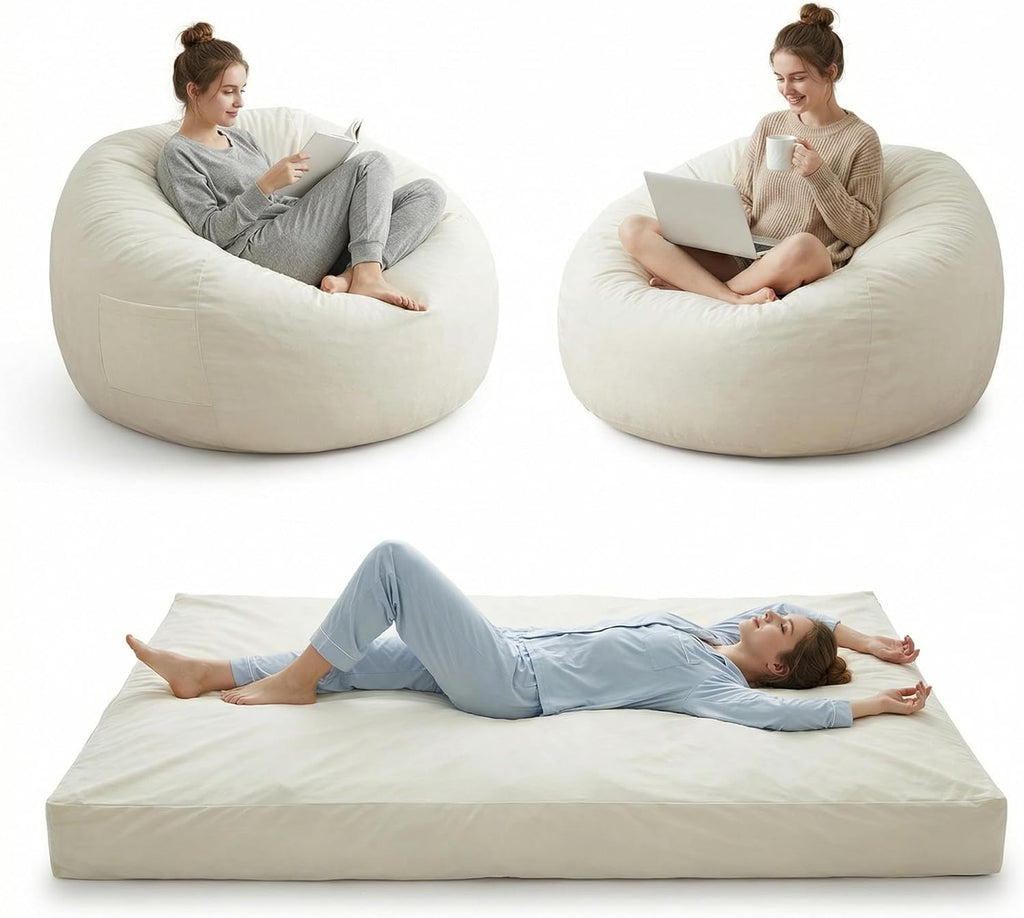 4 in 1 Adult Bean Bag Chair, 4ft Large Beanbag Chair with High Rebound Memory Foam Filler and Removable Cover, Oversized Comfy Flannel Bean Bag Couch Bed Lazy Sofa for Adults Teens, Beige