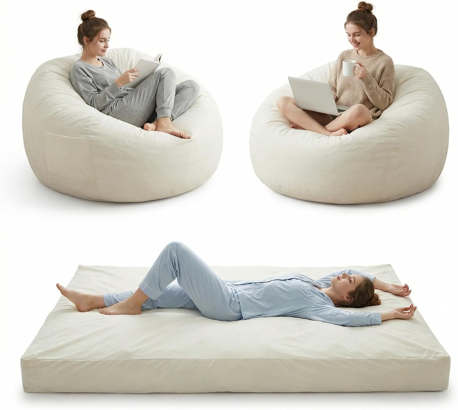 4 in 1 Adult Bean Bag Chair, 4ft Large Beanbag Chair with High Rebound Memory Foam Filler and Removable Cover, Oversized Comfy Flannel Bean Bag Couch Bed Lazy Sofa for Adults Teens, Beige