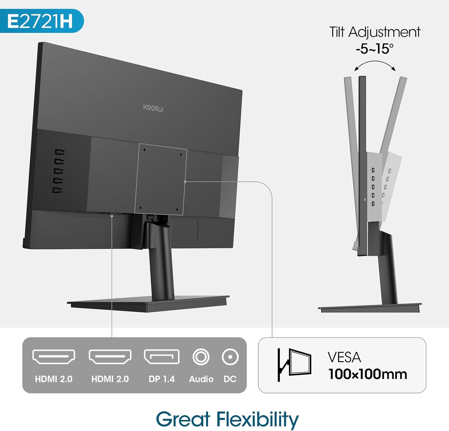 KOORUI 27 Inch QHD (2560x1440) IPS HDR Ultra-Thin Computer Gaming Monitor, 120Hz Refresh Rate, DCI-P3 95%, FreeSync & G-Sync, 1ms MPRT, VESA 100x100mm, Tilt Adjustable for Game and Work, E2721H