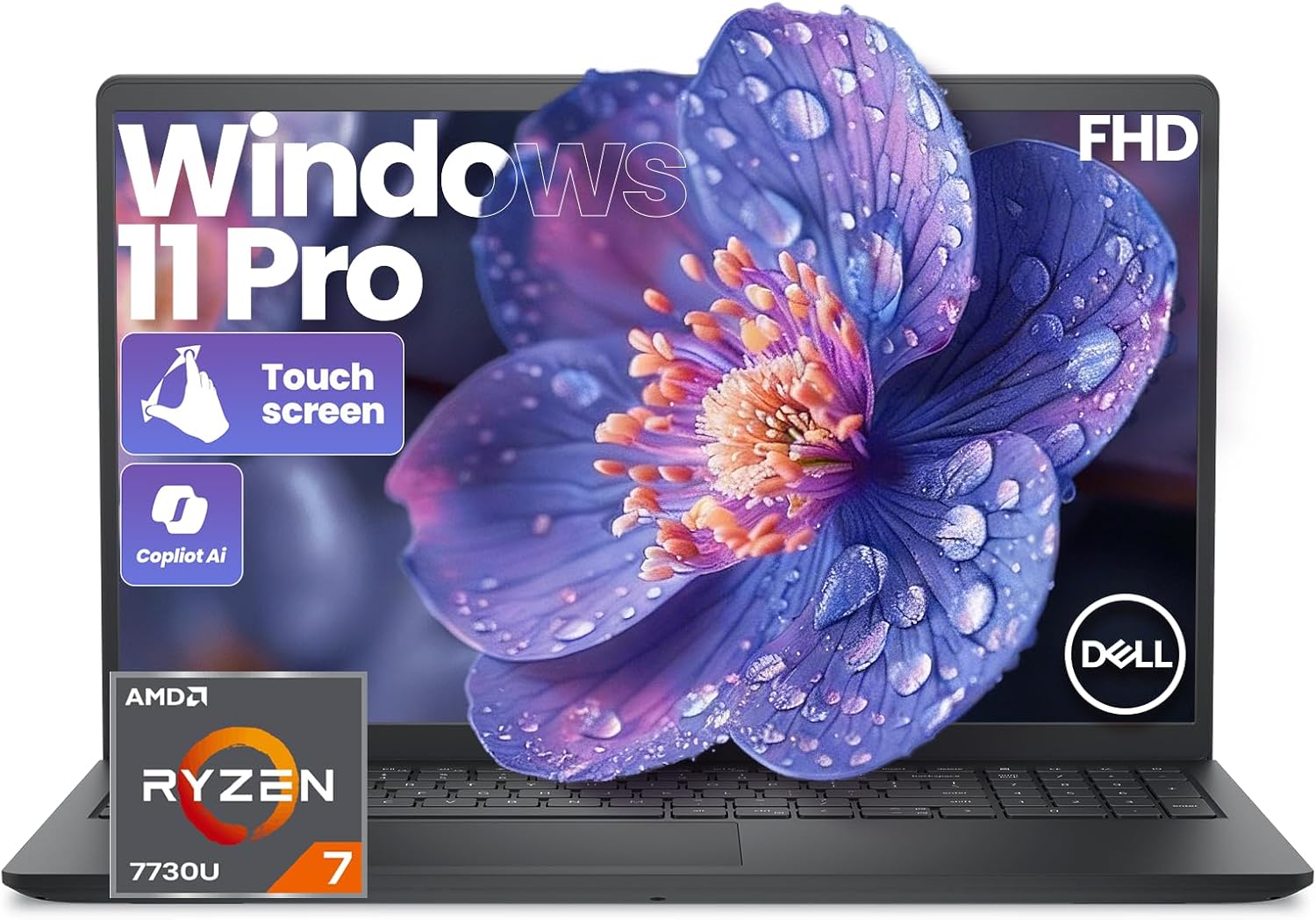 Dell 15 Touchscreen Laptop, AMD Ryzen 7 7730U (Beats i7-1355U), 16GB RAM, 512GB NVMe SSD, Windows 11 Pro, 15.6" FHD IPS, Copilot AI, Type-C, HDMI, Black, 2026 Model