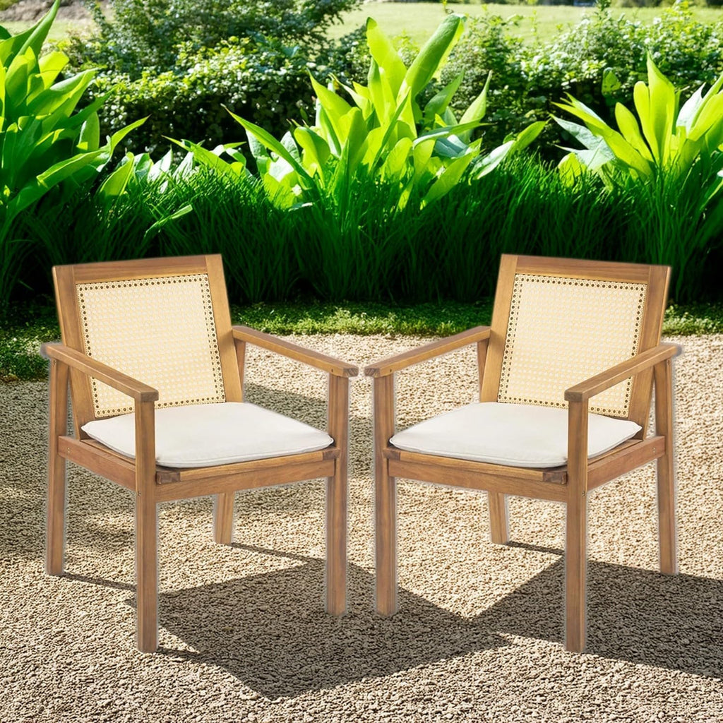Christopher Knight Home Dessa Outdoor Dining Chairs Set of 2, Acacia Wood Dining Chair, Woven Wicker Back Accent Chairs, Breathable Armchair, Comfort Cushion Seating for Backyard Garden, Teak+Beige