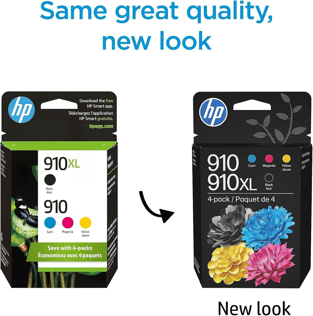 HP Original 910 Cyan, Magenta, Yellow / 910XL Black Ink Cartridges (4-Pack) | Works OfficeJet 8010, 8020 Series OfficeJet Pro 8020, 8030 Series | Eligible for Instant Ink | 3JB41AN