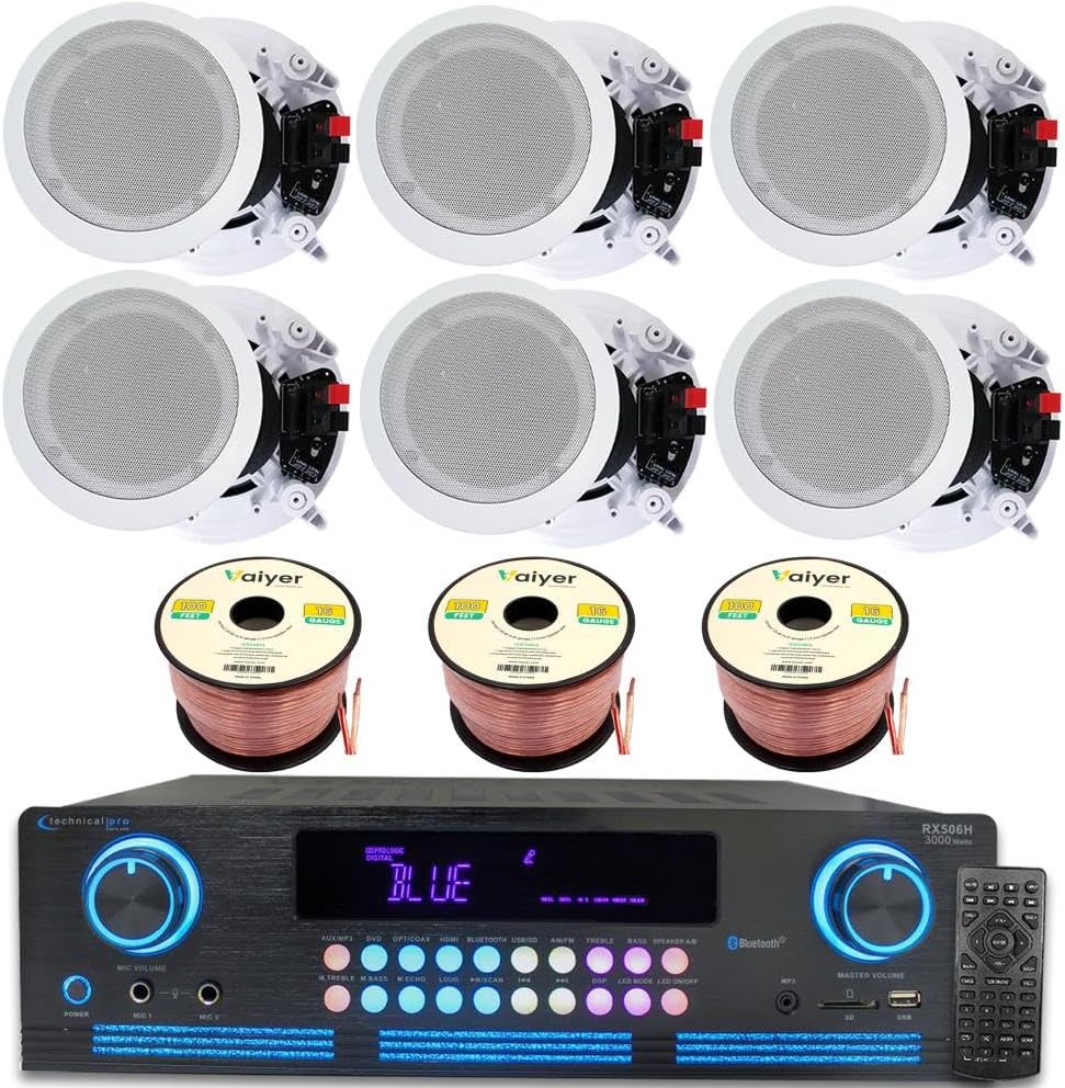 Technical Pro Home Theater Sound System Kit - 2000 Watts Bluetooth Amplifier w/ 6 Qty of 8" Framed Ceiling Speakers 300 W Each, 300 ft Speaker Wire & Remote for Home, Bar, Office, Restaurant