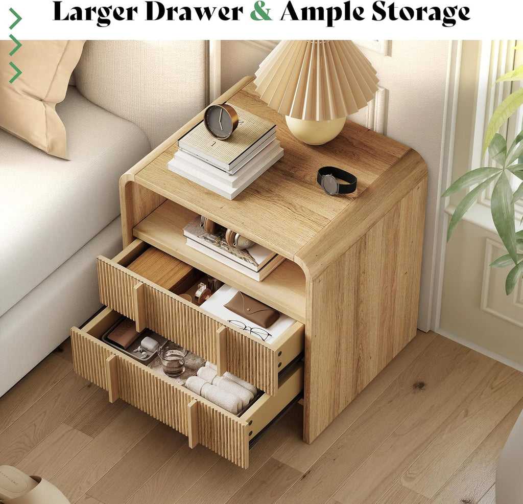 AMERLIFE 3-Piece Modern Fluted Bedroom Furniture Set, Including Wood Queen Size Bed Frame with Headboard & Footboard and Storage Night Stand Set of 2, Wooden Bedframe and Nightstand Sets, Natural Oak