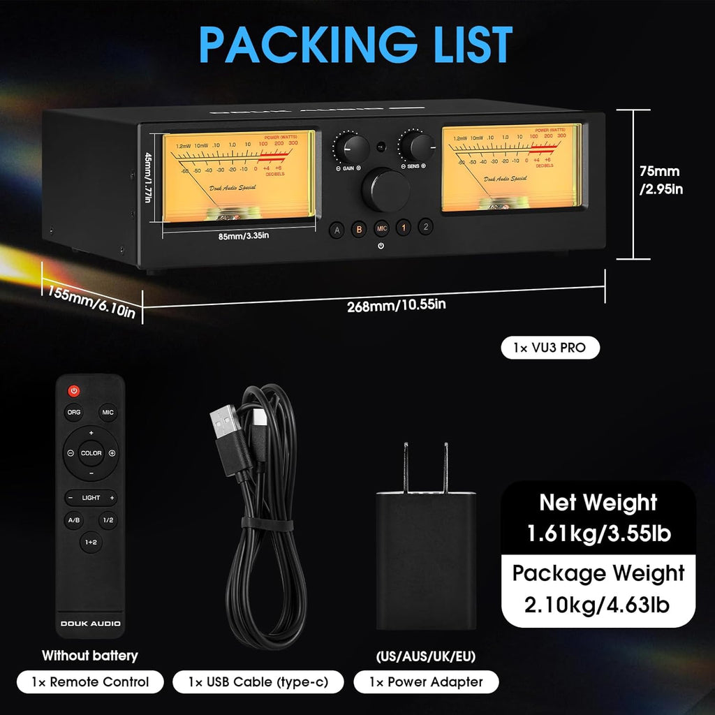 Douk Audio VU3 PRO Dual Analog VU Meter, 2-Way Amplifier Switch, Speaker Selector, Amp Audio Switcher Box 2-IN-2-OUT with DB Panel Display