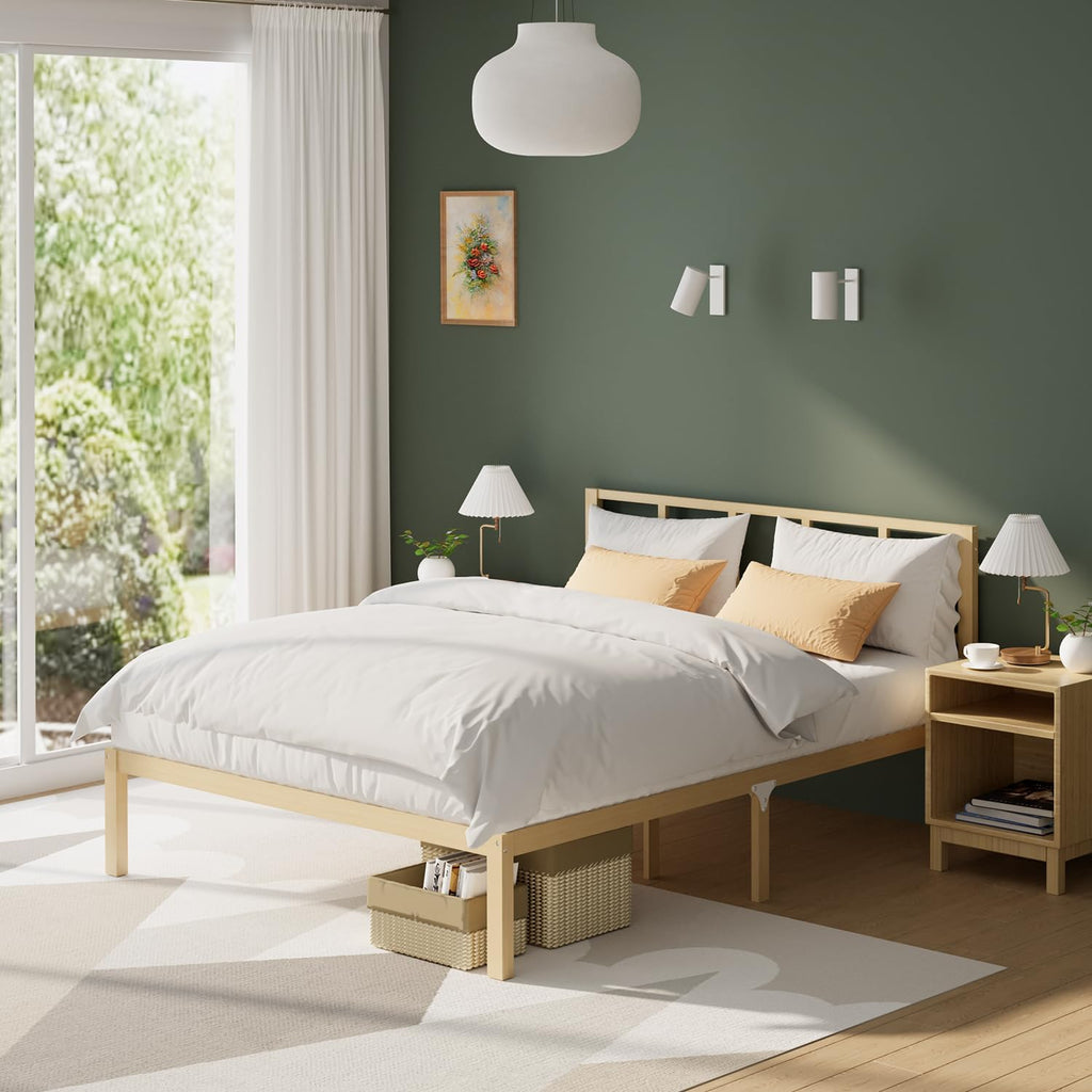 Bamboo Bed Frame Queen Size with Headboard Platform Bedframe Solid Stablewith Non-Slip Slats Support Tall Bed No Box Spring Needed Heavy Duty Easy Assembly Noise Free Nature