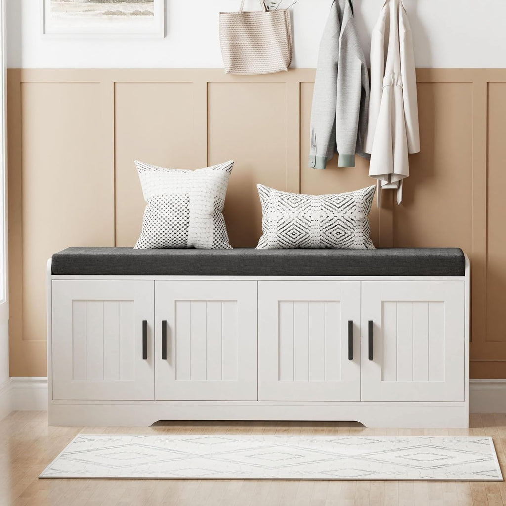 Homleke 2-Tier Storage Bench, Shoe Bench with Thickened Padded Seat Cushion, Entryway Bench with 4 Doors, Adjustable Shelf, 13.8" D x 45.3" W x 18.5" H, for Entryway, Living Room, Bedroom, White