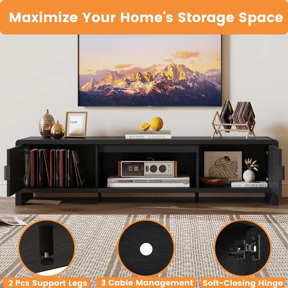 FATORRI TV Stand for 75/65/55 Inch TVs, Mid Century Modern Entertainment Center with Storage, Wooden Television Media Console Cabinet with Fluted-Door for Living Room, Bedroom (63 Inch W, Black)