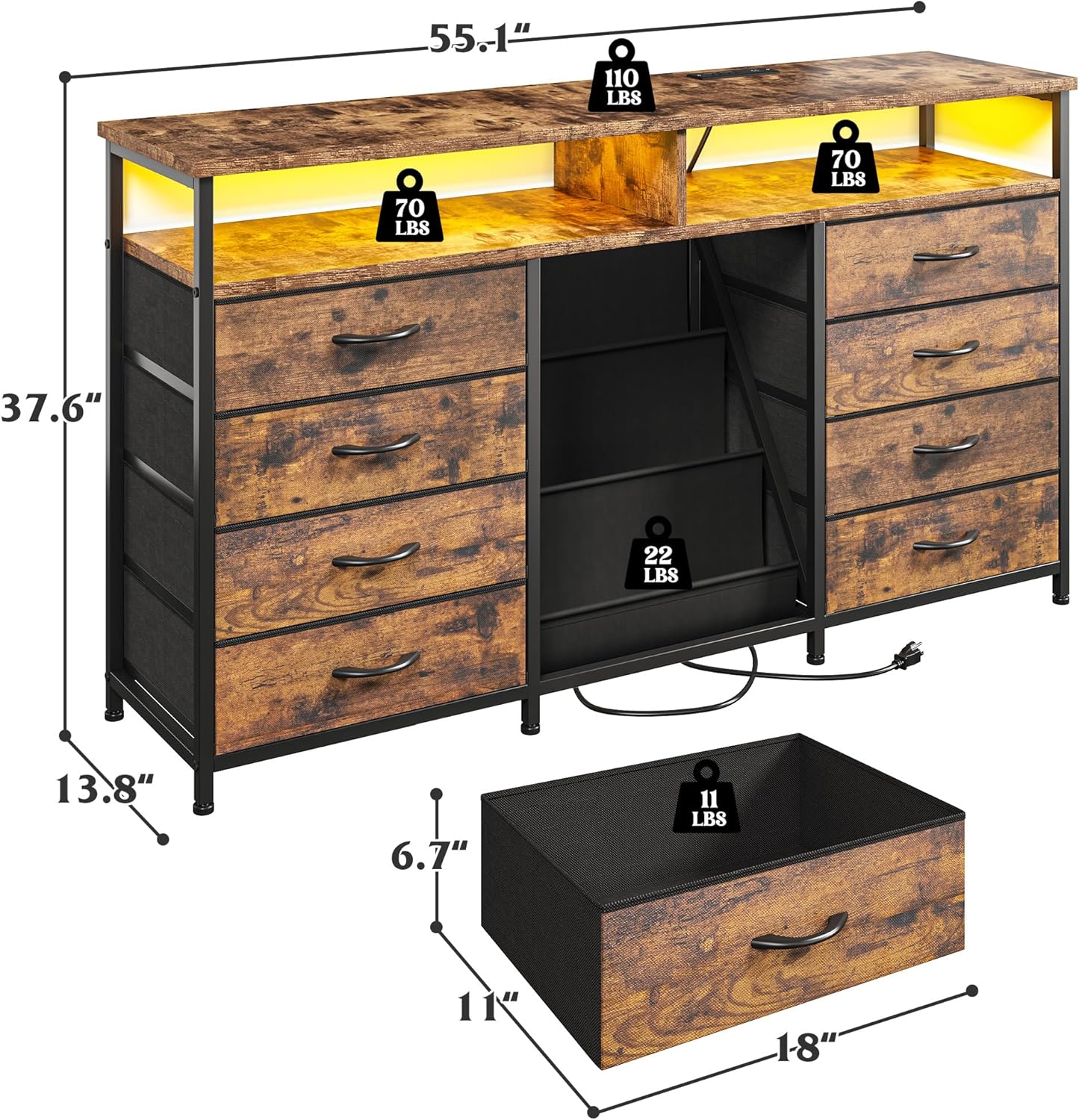 EnHomee 55 ” W Dresser for Bedroom with Bookrack & 8 Fabric Drawers, Dresser TV Stand with Power Outlet & LED Lights for 65 Inch TV, Chest of Drawers for Cabinet, Entryway,Rustic Brown