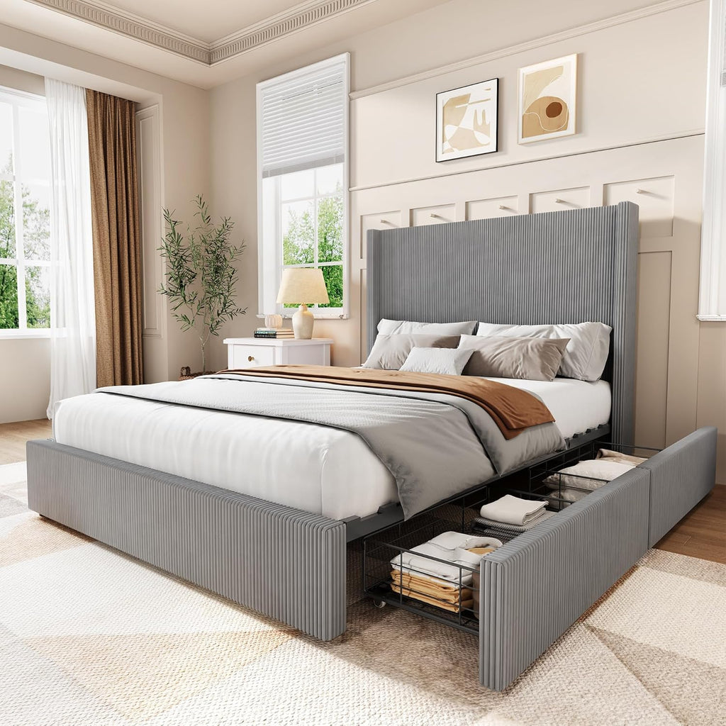 GarveeHome Queen Grey Storage Bed Frame, Corduroy Upholstered Platform Bedframe with 4 Drawers and Headboard, No Box Spring Needed, Easy Assembly