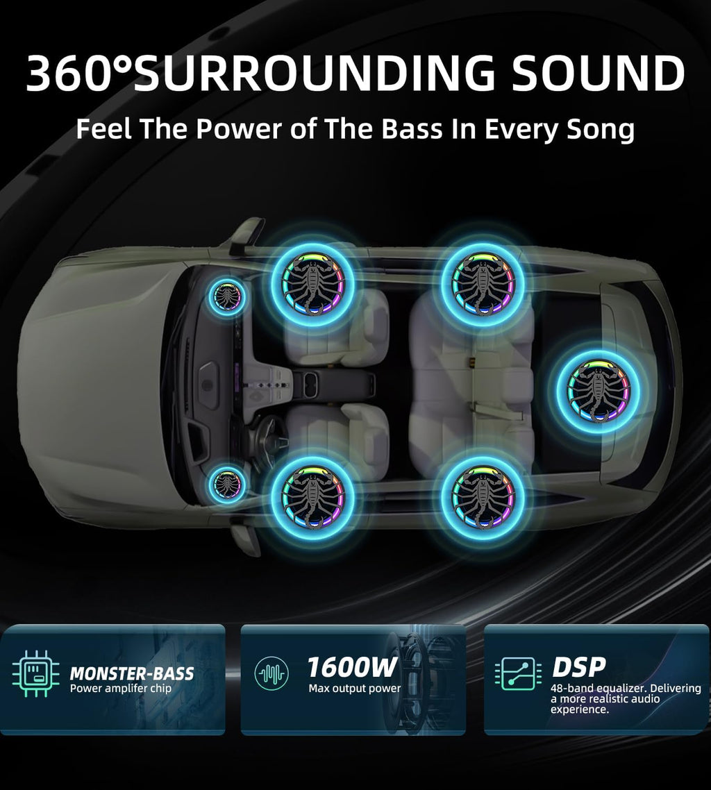 1600W Slim Under seat Car Subwoofer and Amp Package, Powered Subwoofer with Built-in Amp, Subsonic Deep Bass, RGB Beat Light, Low Pass/Gain/Bass Boost Control, for Truck, SUV, Jeep, Car Audio