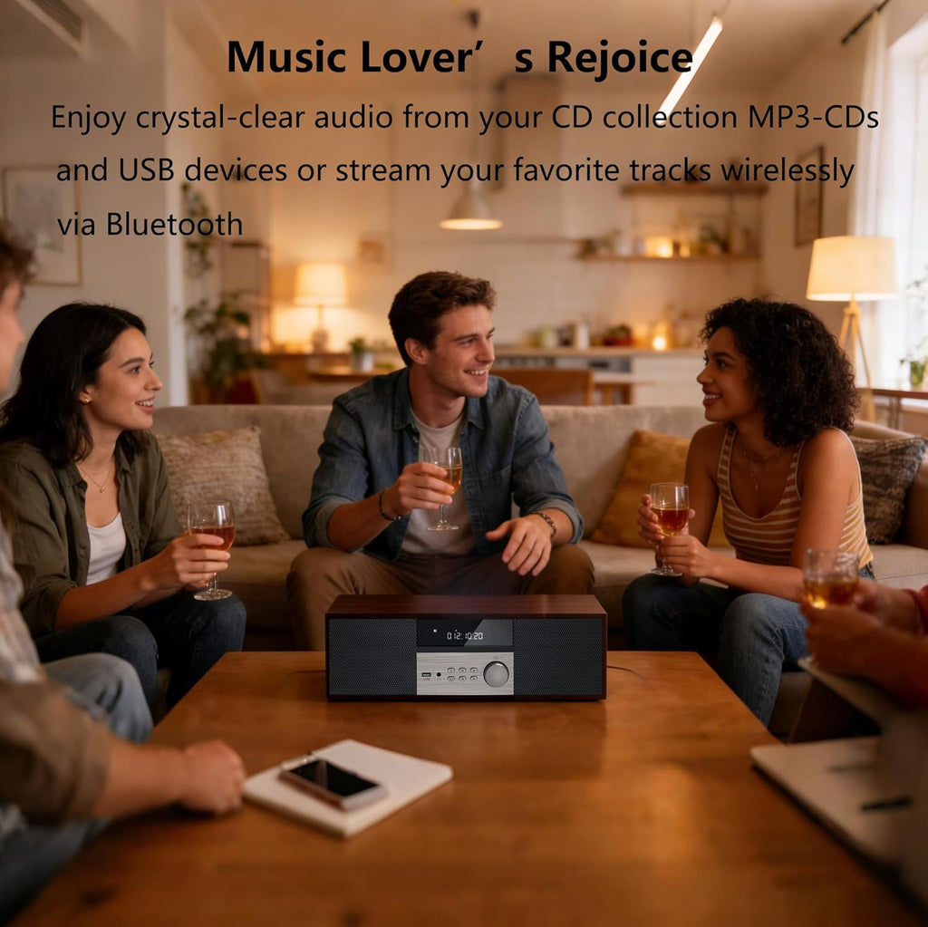 LONPOO Stereo Shelf System for Home, Vintage CD Player 40W RMS Micro Mini System with Remote Control, Bluetooth, FM Radio, USB MP3 Playback & Aux-in,Brown