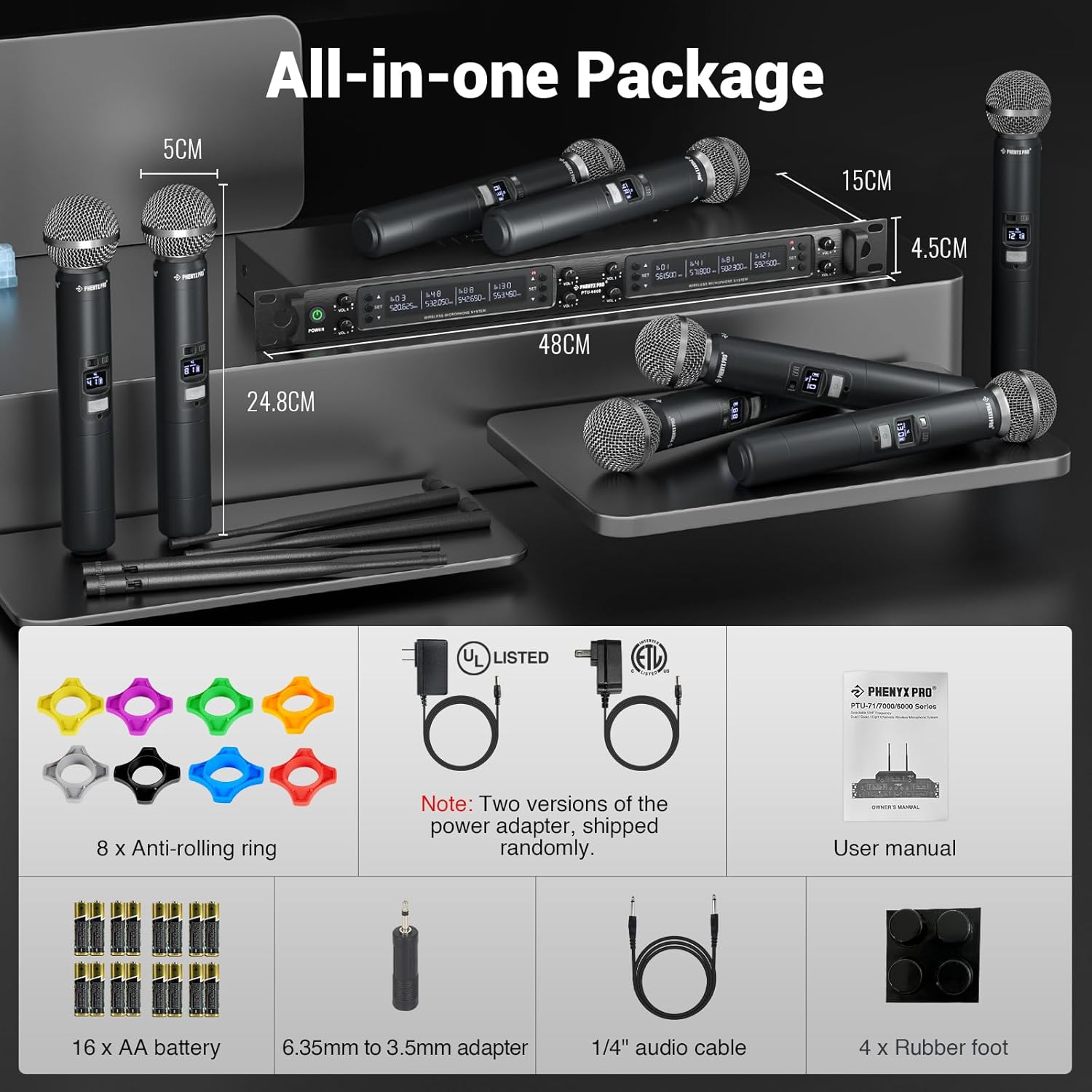 Phenyx Pro Wireless Microphone System, 8-Channel Wireless Mic, w/ 8 Handheld Dynamic Microphones, Auto Scan,8x40 UHF Frequencies, 328ft Range, Mics for Singing,Church, Karaoke(PTU-6000-8H)