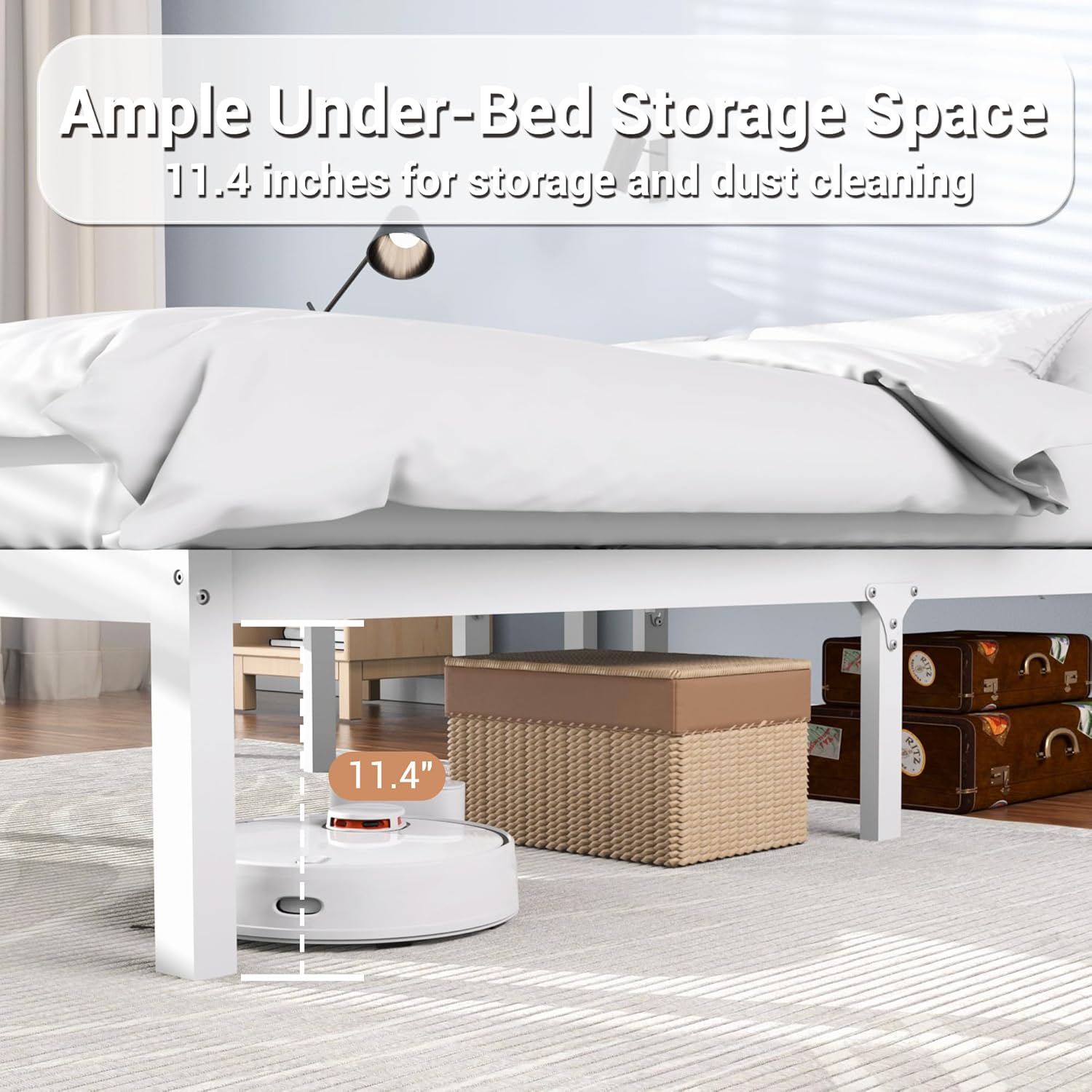 Bamboo Wood Bed Frame 14" Queen Size Platform Bed with Non-Slip Slats Support, No Box Spring Needed, Smooth Finish Bed with Under Bed Storage for Dorm & Bedroom, White