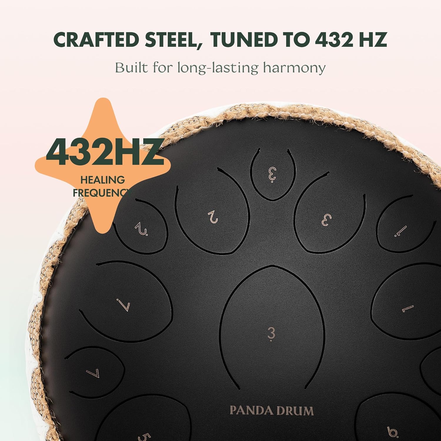 Panda Drum Pro (Black) | Steel Tongue Handpan with Music Book, Mallets, Carrying Bag & Finger Picks | 15 inch, 432 Hz | Rain Drum for Inside & Outside | Calming Musical Instrument for Adults & Kids