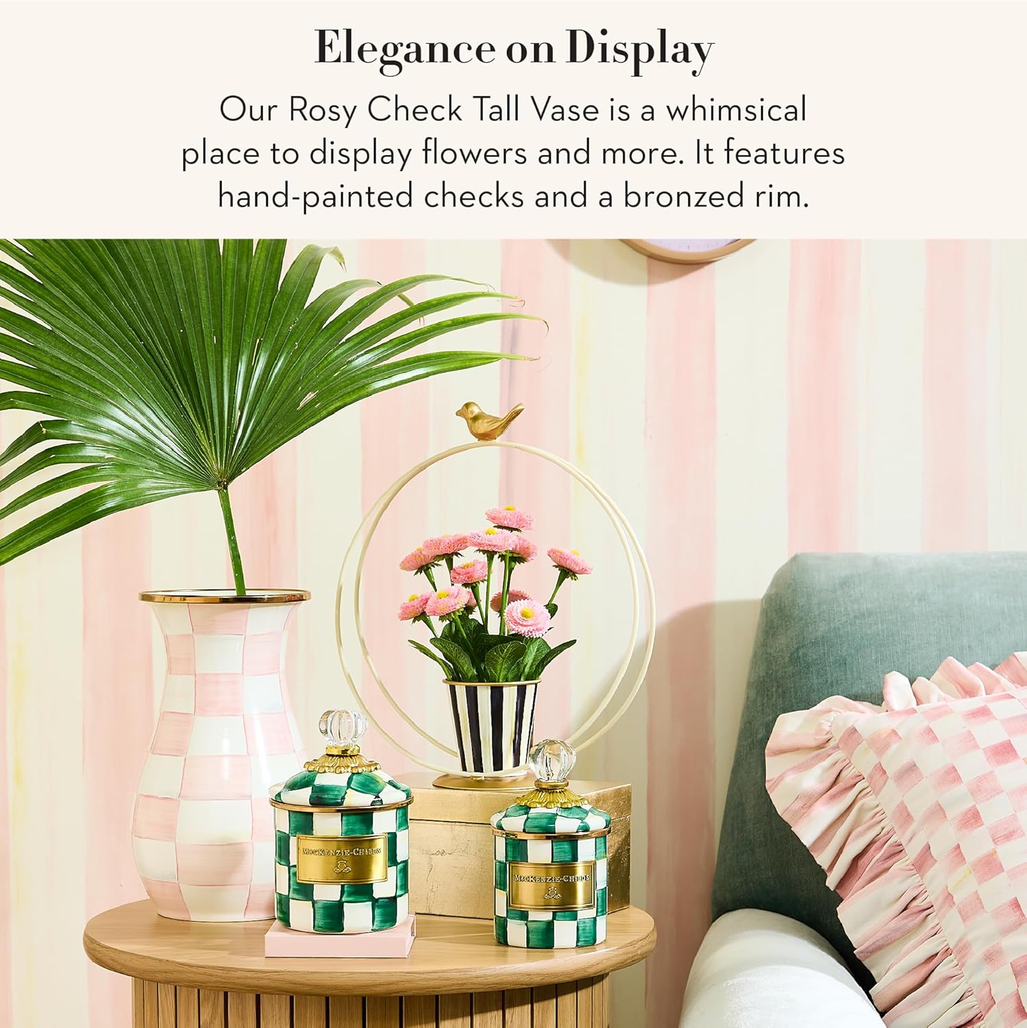 MACKENZIE-CHILDS Tall Enamel Vase, Unique Flower Vase Decor, Bouquet Holder for Living Room, Pink-and-White Rosy Check