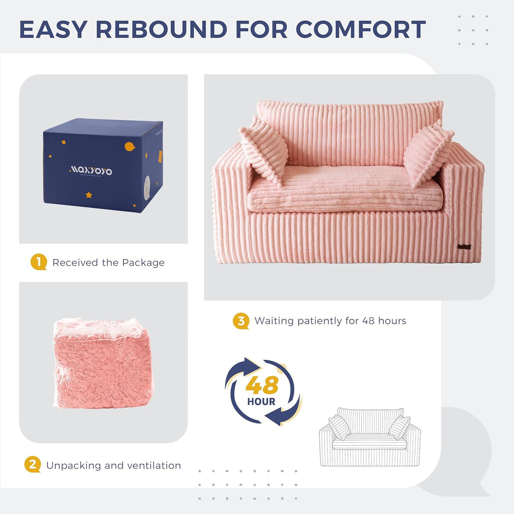 MAXYOYO 59" Bean Bag Sofa Couch, Loveseat Boneless Couch in a Box, Upholstered Small Mini Sofa with Deep Seating for Living Room Bedroom Office Apartment, No Assembly, Pink