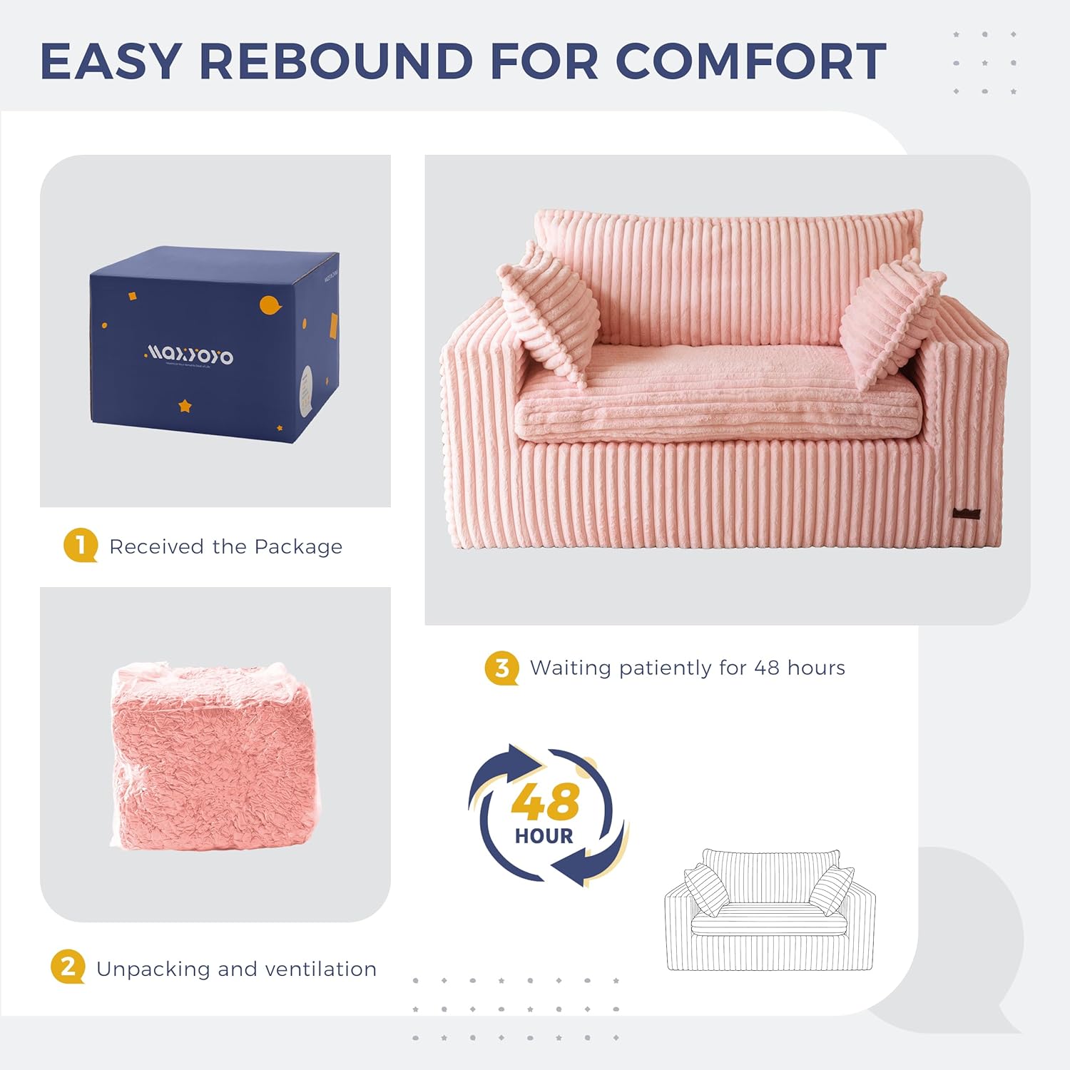 MAXYOYO 59" Bean Bag Sofa Couch, Loveseat Boneless Couch in a Box, Upholstered Small Mini Sofa with Deep Seating for Living Room Bedroom Office Apartment, No Assembly, Pink