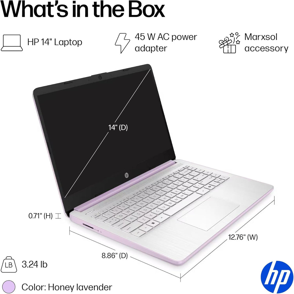 HP 14” Ultra Light Thin Laptop Computer 2026 Premium, MS Office, Copilot AI, 4-Core Intel CPU, 4GB DDR5 RAM, 628GB Storage (128GB UFS+500GB Ext), Long Battery, MarxsolAccessory, Win 11 Pro, Lavender