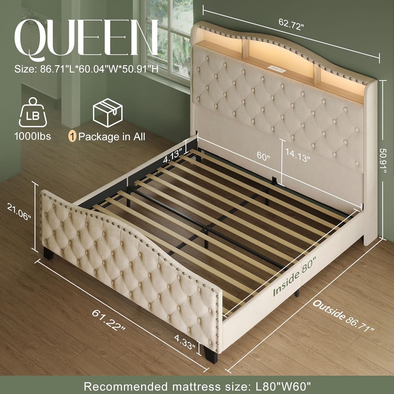 Belffin Queen Size Bed Frame and Headboard, 50.9" Velvet Upholstered Wingback Bedframe with LED Lights & Storage/Charging Station, Button Tufted Tall Footboard, No Box Spring Needed, Noise-Free, Beige