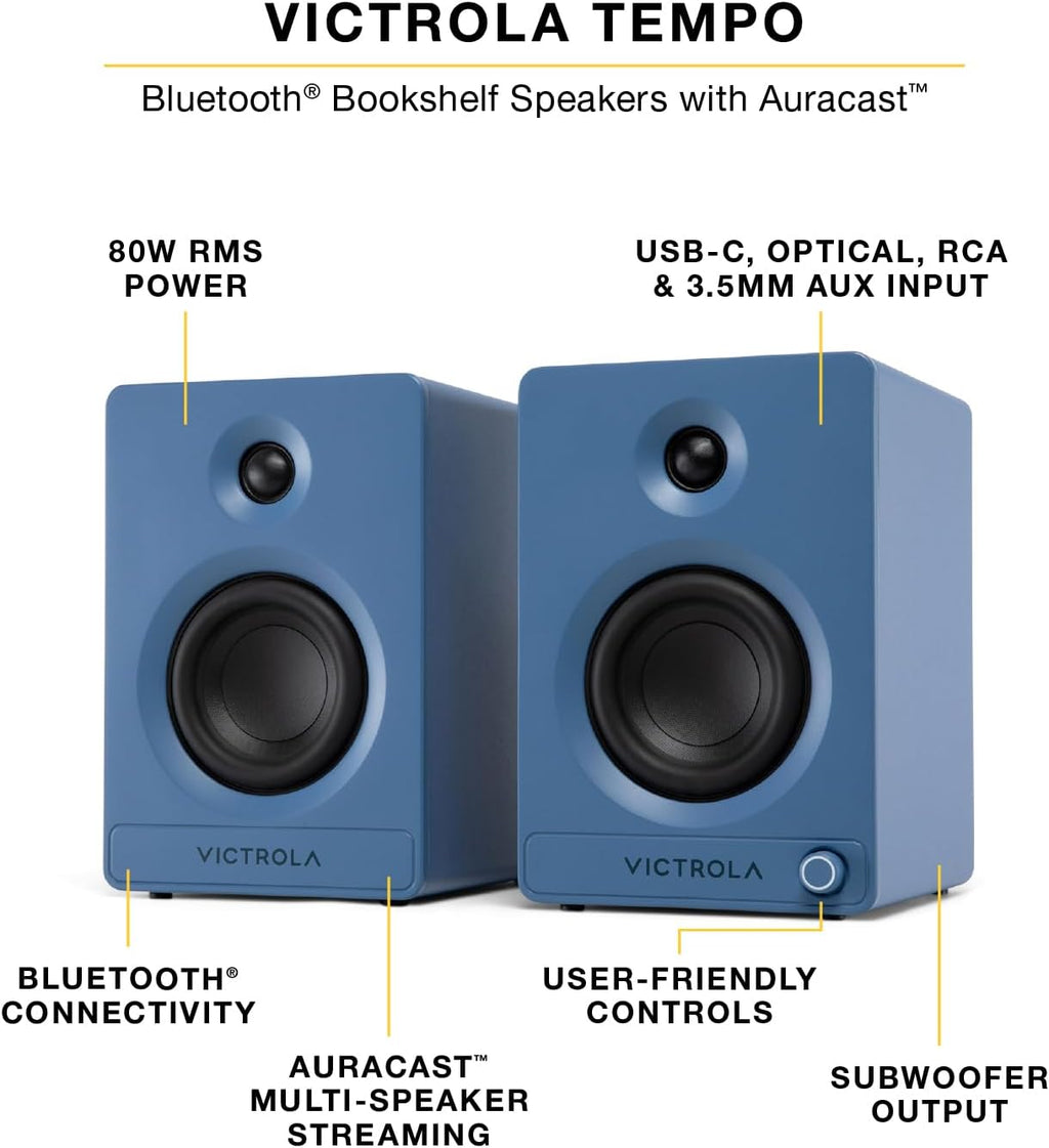 Victrola Tempo – Bluetooth Bookshelf Speakers – Room-Filling Sound, Bluetooth Input, Multi-Speaker Streaming Using Auracast, USB-C Computer Input, Turntable Inputs, Subwoofer Output (Pair, White)