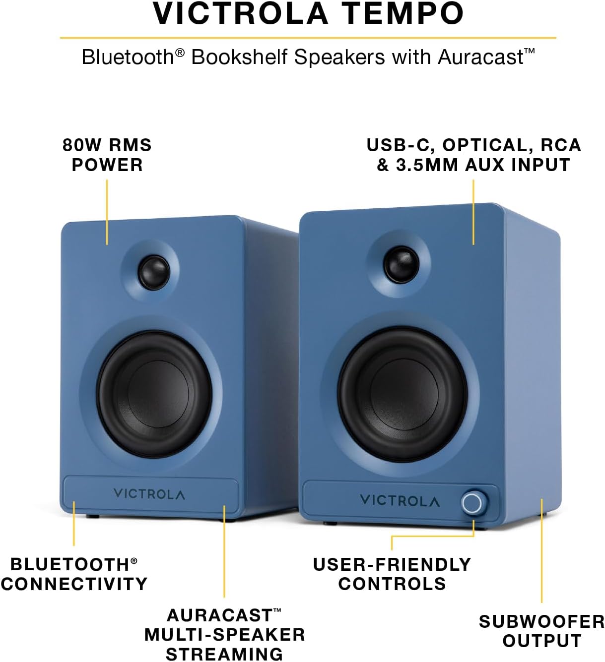 Victrola Tempo – Bluetooth Bookshelf Speakers – Room-Filling Sound, Bluetooth Input, Multi-Speaker Streaming Using Auracast, USB-C Computer Input, Turntable Inputs, Subwoofer Output (Pair, White)