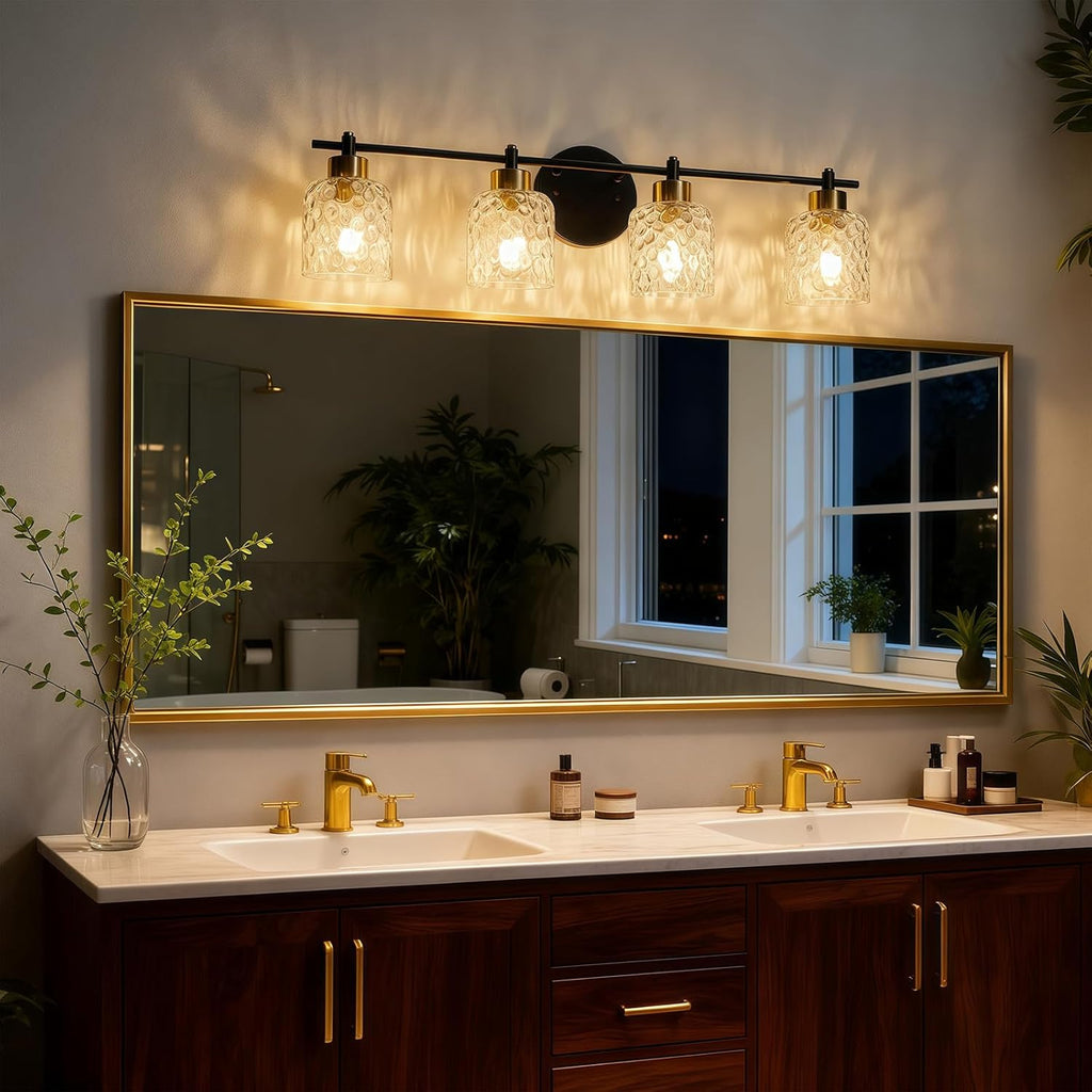 Black Bathroom Light Fixtures, 30.7" 4 Light Black and Gold Vanity Lights for Bathroom Lights with Hammered Glass, Rustic Vanity Lighting Fixtures Over Mirror