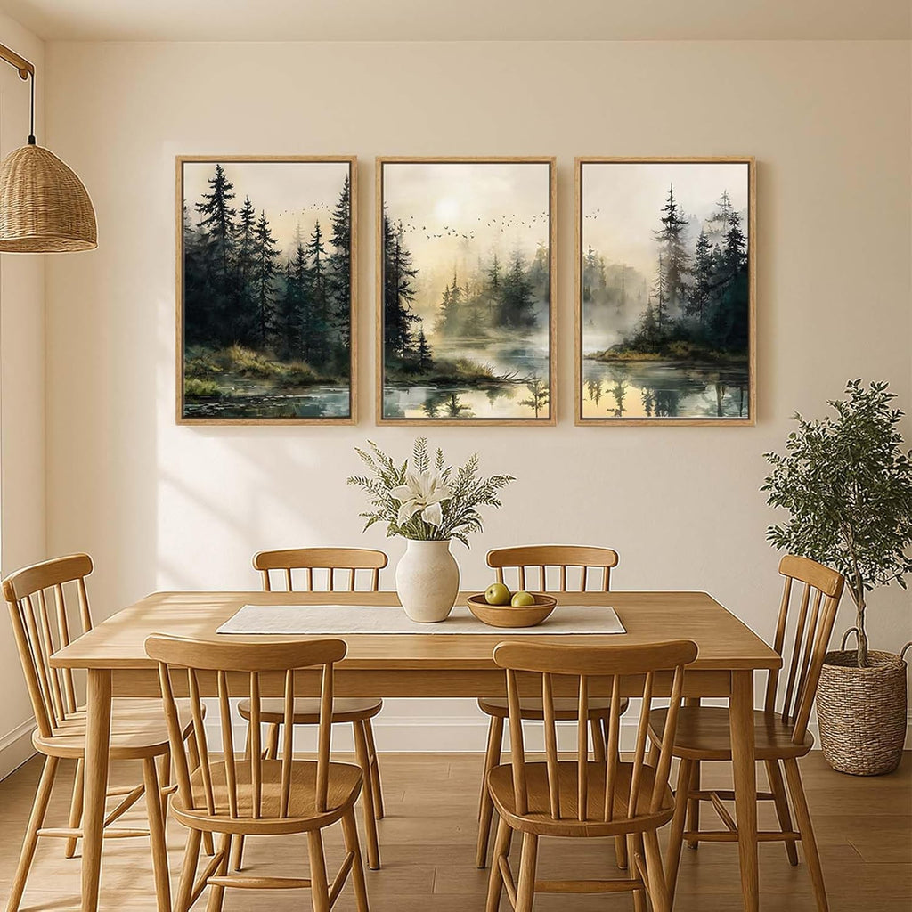 Framed Forest Landscape Wall Art for Living Room, Large 3 Piece Misty Pine Tree Nature Scenic Artwork for Walls, Rustic Woodland Sunset Canvas Painting Prints for Office Bedroom Wall Decor, 24x36 Inch
