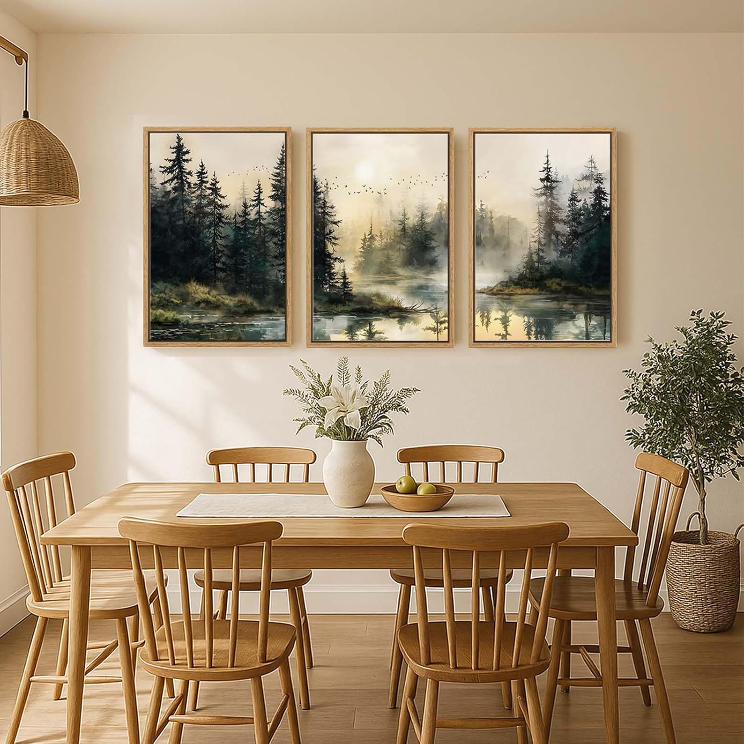 Framed Forest Landscape Wall Art for Living Room, Large 3 Piece Misty Pine Tree Nature Scenic Artwork for Walls, Rustic Woodland Sunset Canvas Painting Prints for Office Bedroom Wall Decor, 24x36 Inch