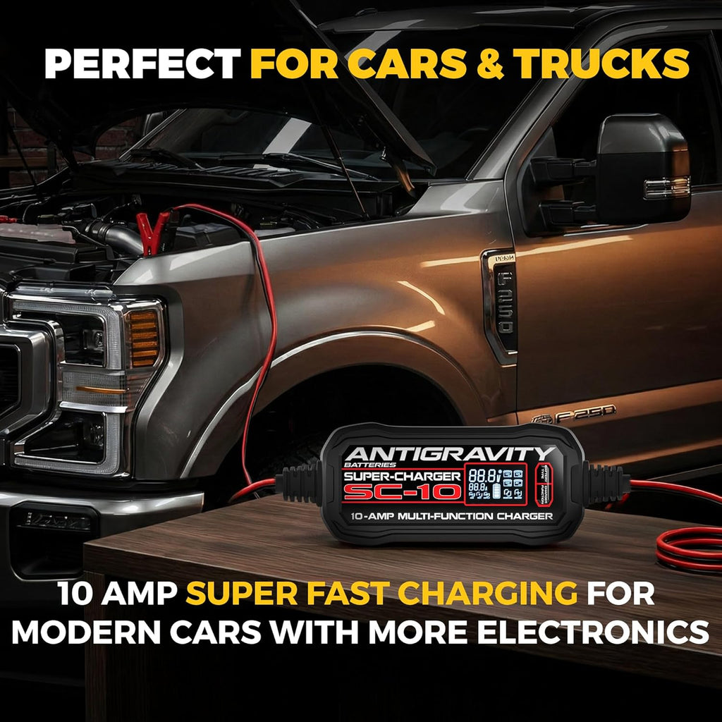 Antigravity SC-10 Super-Charger 10A Smart Battery Charger & Maintainer for 6V/12V Lithium (LiFePO4) & 12V Lead-Acid Batteries – Wall-Powered, LCD Display, Power Supply Mode, BMS Reset