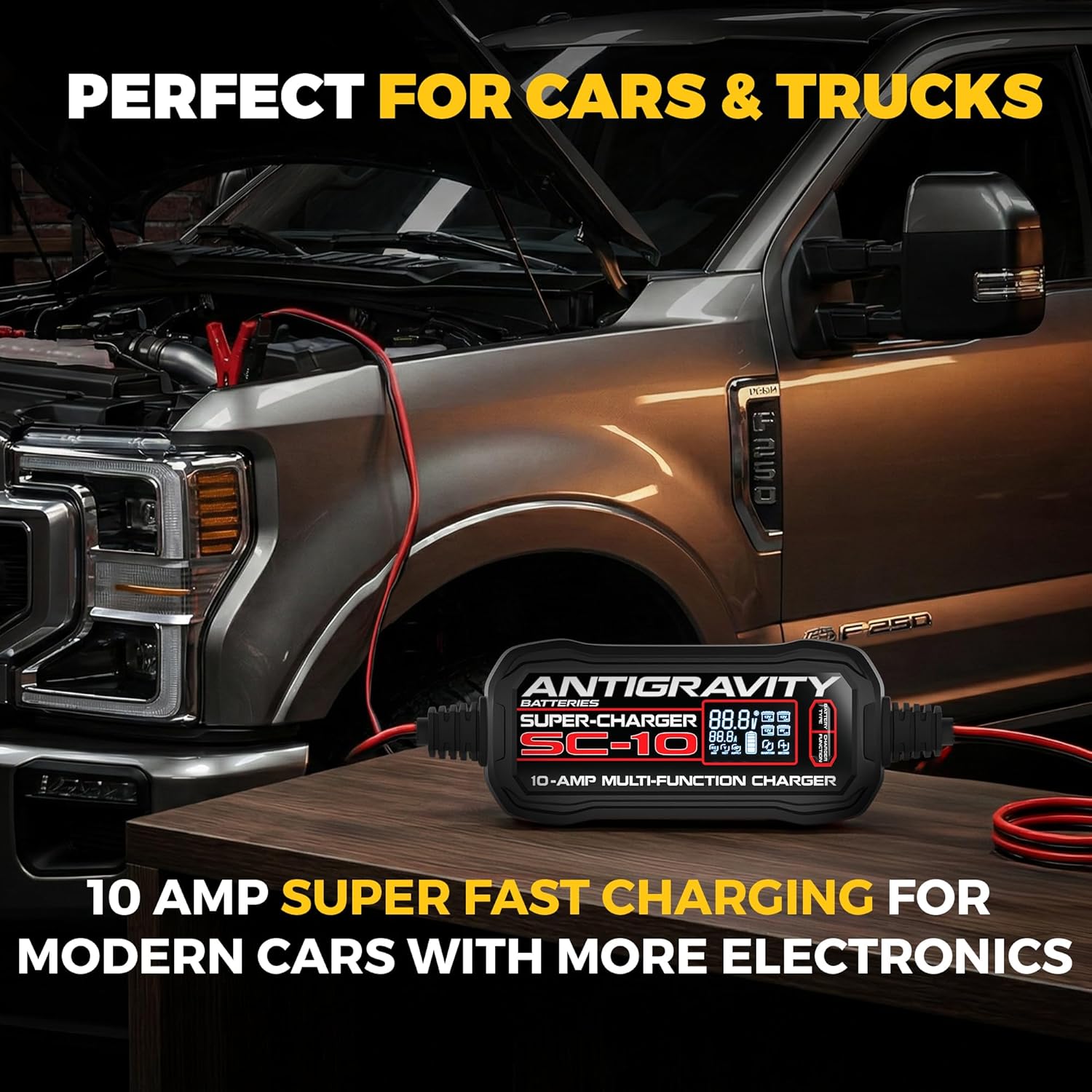 Antigravity SC-10 Super-Charger 10A Smart Battery Charger & Maintainer for 6V/12V Lithium (LiFePO4) & 12V Lead-Acid Batteries – Wall-Powered, LCD Display, Power Supply Mode, BMS Reset