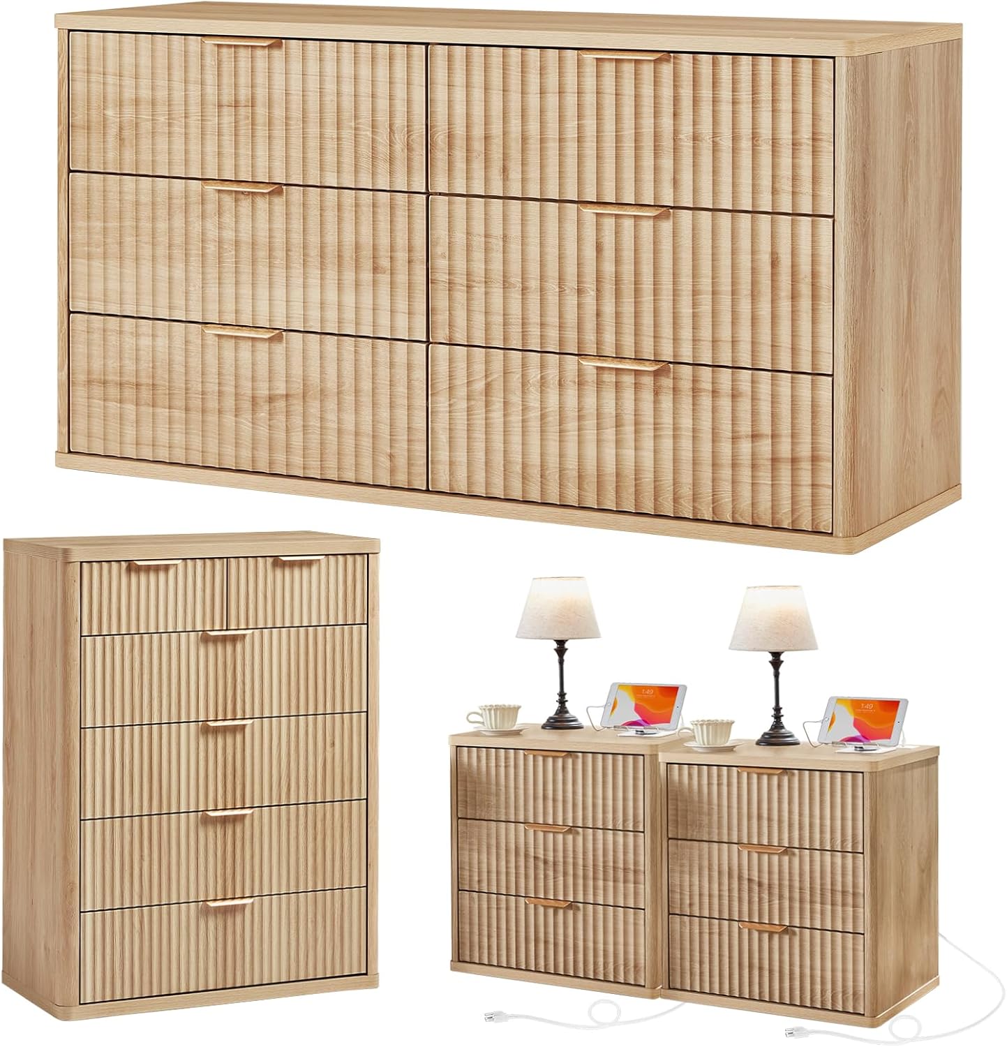 LEYAOYAO Fluted Dressers & Nightstand Set of 4, Wood 48" Wide Dresser & 42" Tall Chest of Drawers,Modern Bedroom Furniture Sets, Natural Wooden Nightstand Set of 2 with 3 Drawers & Charging Station