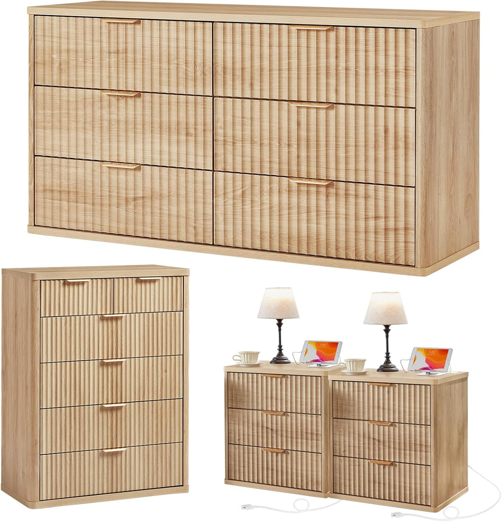 LEYAOYAO Fluted Dressers & Nightstand Set of 4, Wood 48" Wide Dresser & 42" Tall Chest of Drawers,Modern Bedroom Furniture Sets, Natural Wooden Nightstand Set of 2 with 3 Drawers & Charging Station