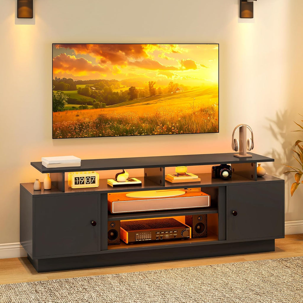 YITAHOME Modern TV Stand for 80 inch TVs, Entertainment Center with LED Lights & Storage Cabinets, TV Console Table with Adjustable Partition for Living Room (Black)