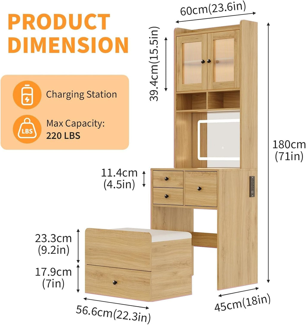 3-in-1 Make Up Vanity Desk with Mirror & Lights, Compact Vanity Table with Drawers, Storage Compartment and Rolling Stool, Modern Small Makeup Vanity and Storage Chair for Bedroom, Powder Room