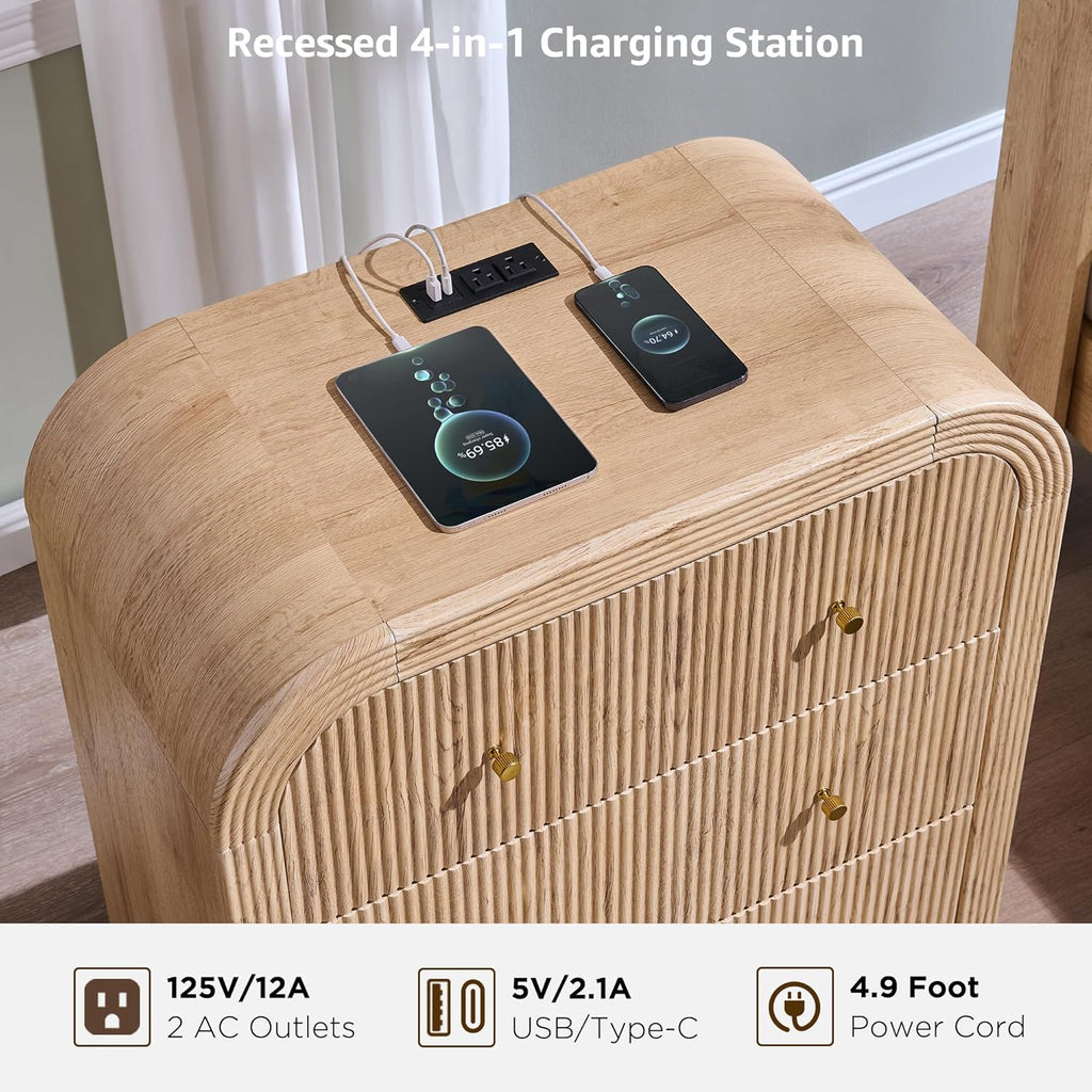 T4TREAM 32" Fluted Nightstand Set of 2, Large 3 Drawers Bedside Table with Charging Station, Modern End Table with Storage Night Stand for Bedroom, Living Room, Round Curved Corner Design, Natural Oak