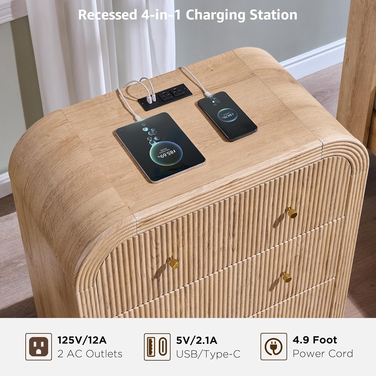 T4TREAM 32" Fluted Nightstand Set of 2, Large 3 Drawers Bedside Table with Charging Station, Modern End Table with Storage Night Stand for Bedroom, Living Room, Round Curved Corner Design, Natural Oak