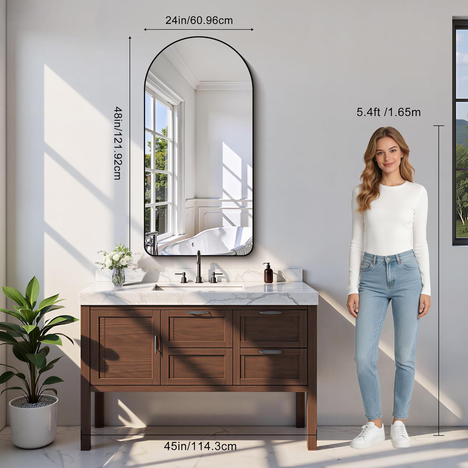 Arched Bathroom Mirror, 24"x48" Black Arched Mirror for Bathroom, Wall Mounted Mirror, Black Vanity Wall Mirror w/Metal Frame for Bedroom, Entryway, Living Room, Vertically Hanging