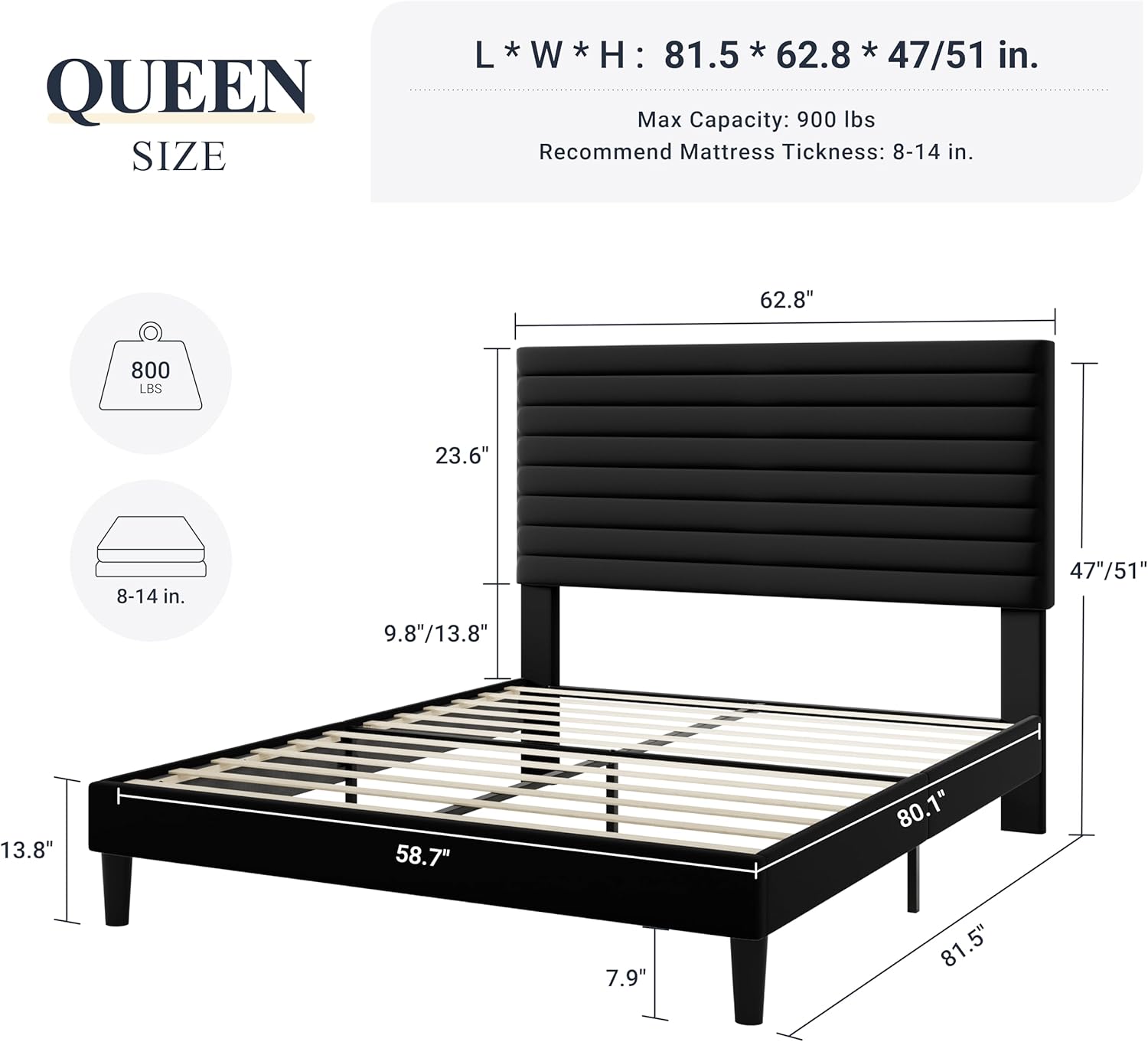Allewie Queen Bed Frame, Velvet Upholstered Platform Bed with Adjustable Headboard, Horizontal Channel Design, Wood Slat Support, No Box Spring Needed, Noise Free, Easy Assembly, Black