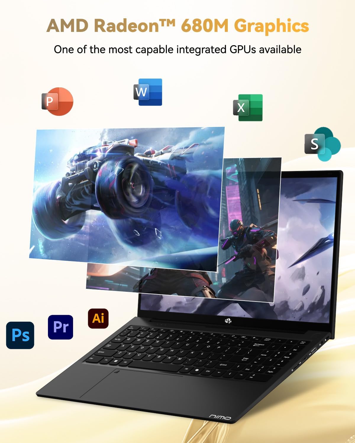 NIMO 15.6" Light-Gaming-Laptop, 8 Cores AMD Ryzen 7 Pro 6850U 32GB RAM 1TB SSD (Beat i7-1360P Up to 4.7GHz) Radeon 680M 100W Fast PD FHD Backlit Keyboard for Content Creators & Student 2-Yr Warranty