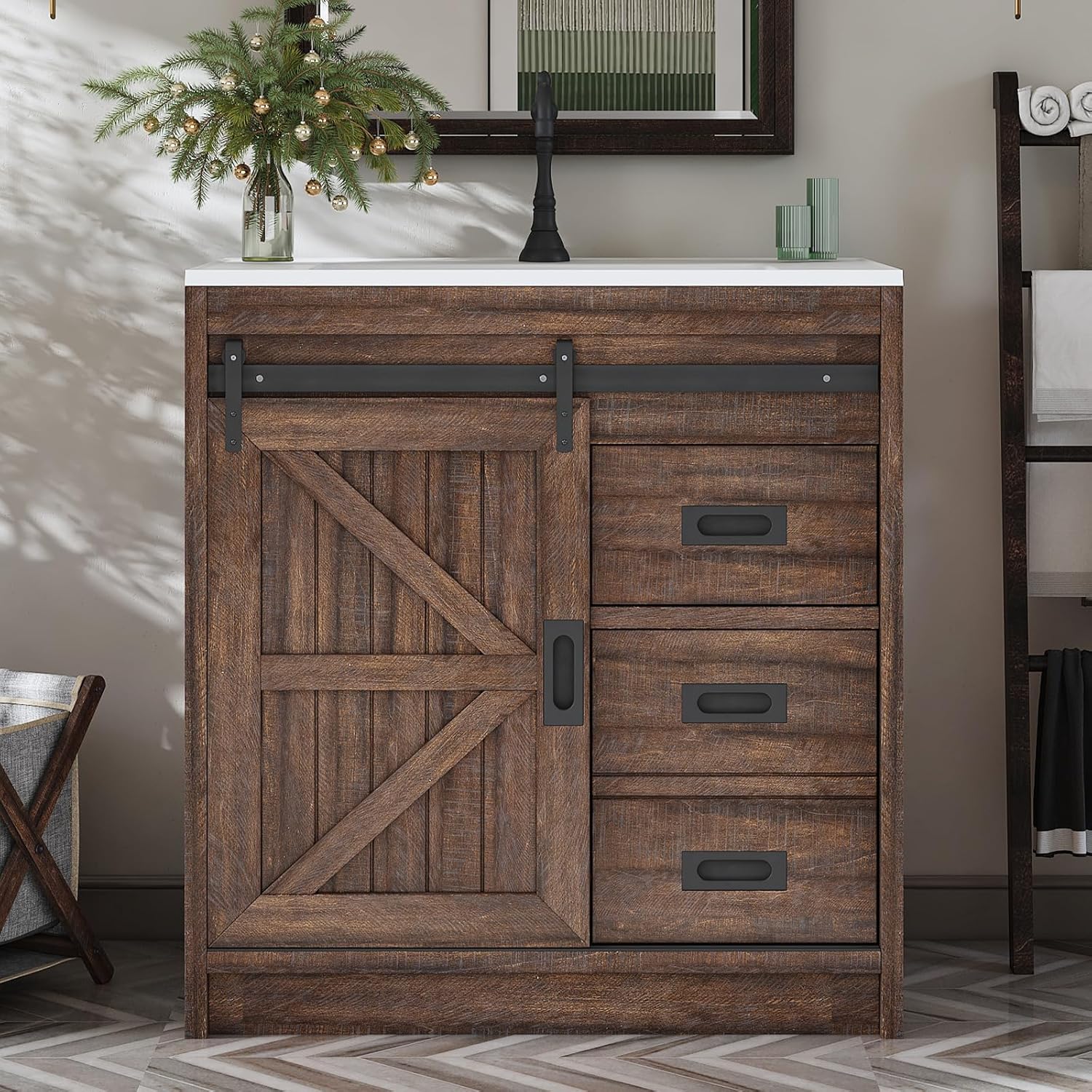 LUXOAK 30" Farmhouse Sliding Barn Door Bathroom Vanity with Sink Combo, Bathroom Vanity Cabinet with Drawers & Metal Handles, Freestanding, Reclaimed Barnwood