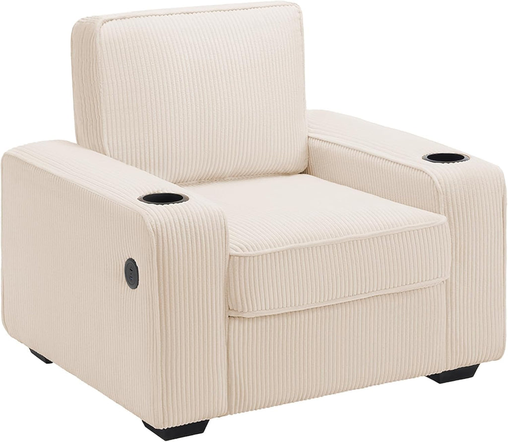 AMERLIFE Corduroy Sofa Chair, Modern Comfy Accent Chair with Cup Holders & USB Ports, Upholstered Living Room Chair, Beige