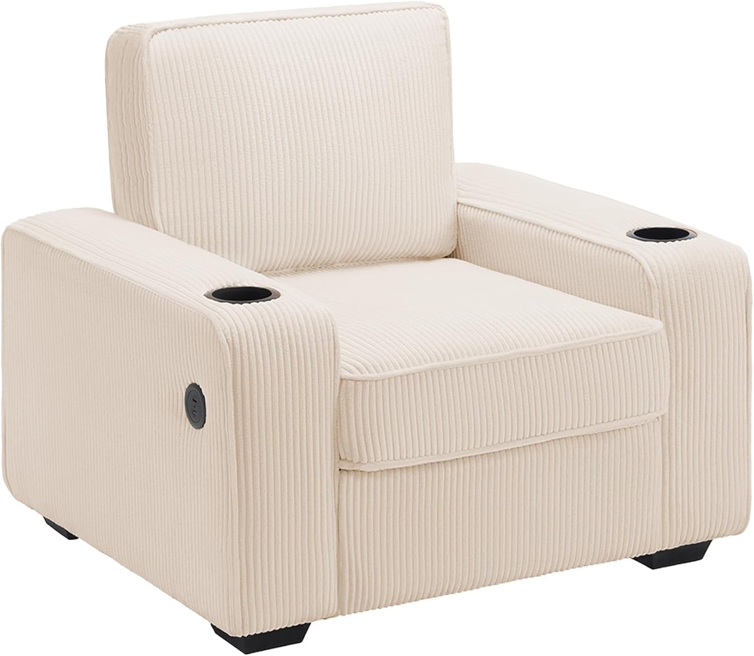 AMERLIFE Corduroy Sofa Chair, Modern Comfy Accent Chair with Cup Holders & USB Ports, Upholstered Living Room Chair, Beige