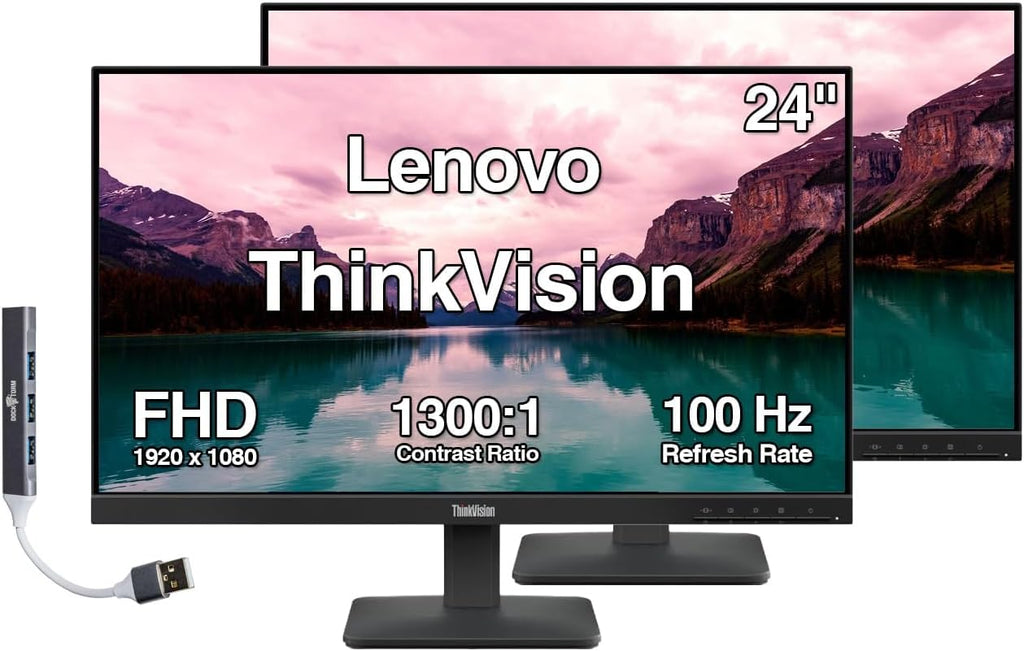 Lenovo ThinkVision 24" FHD IPS Monitor w/ 4ms Response Time, 100 Hz Refresh Rate, Flicker Free, Anti-Glare, VESA Mount (100mm), HDMI & DKZ USB Port Expander, Black 2 Pack
