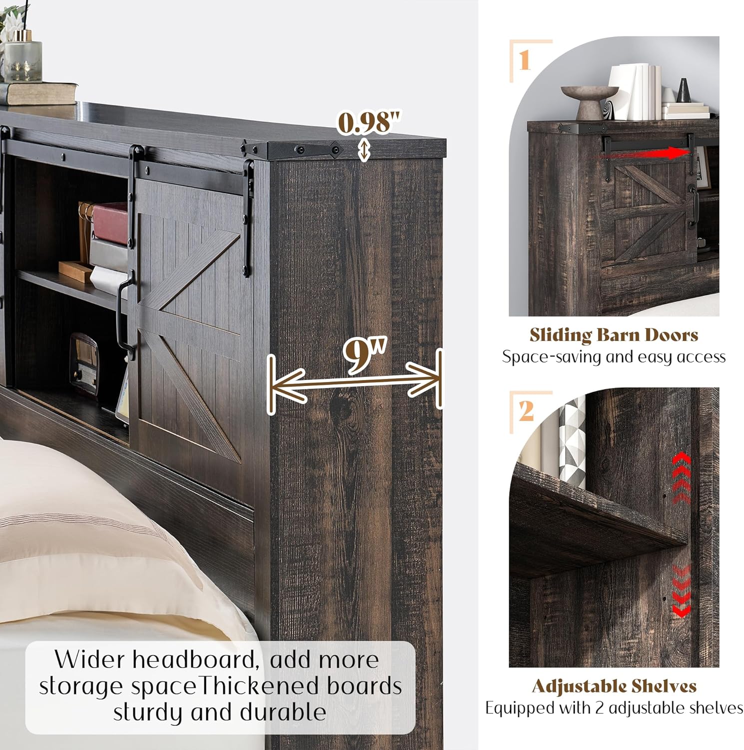AMERLIFE Farmhouse Queen Bed Frame with Storage Headboard & Charging Station, Rustic Wood Platform Bed with Barn Door Bookcase, No Box Spring Needed, Dark Oak Bedroom Furniture