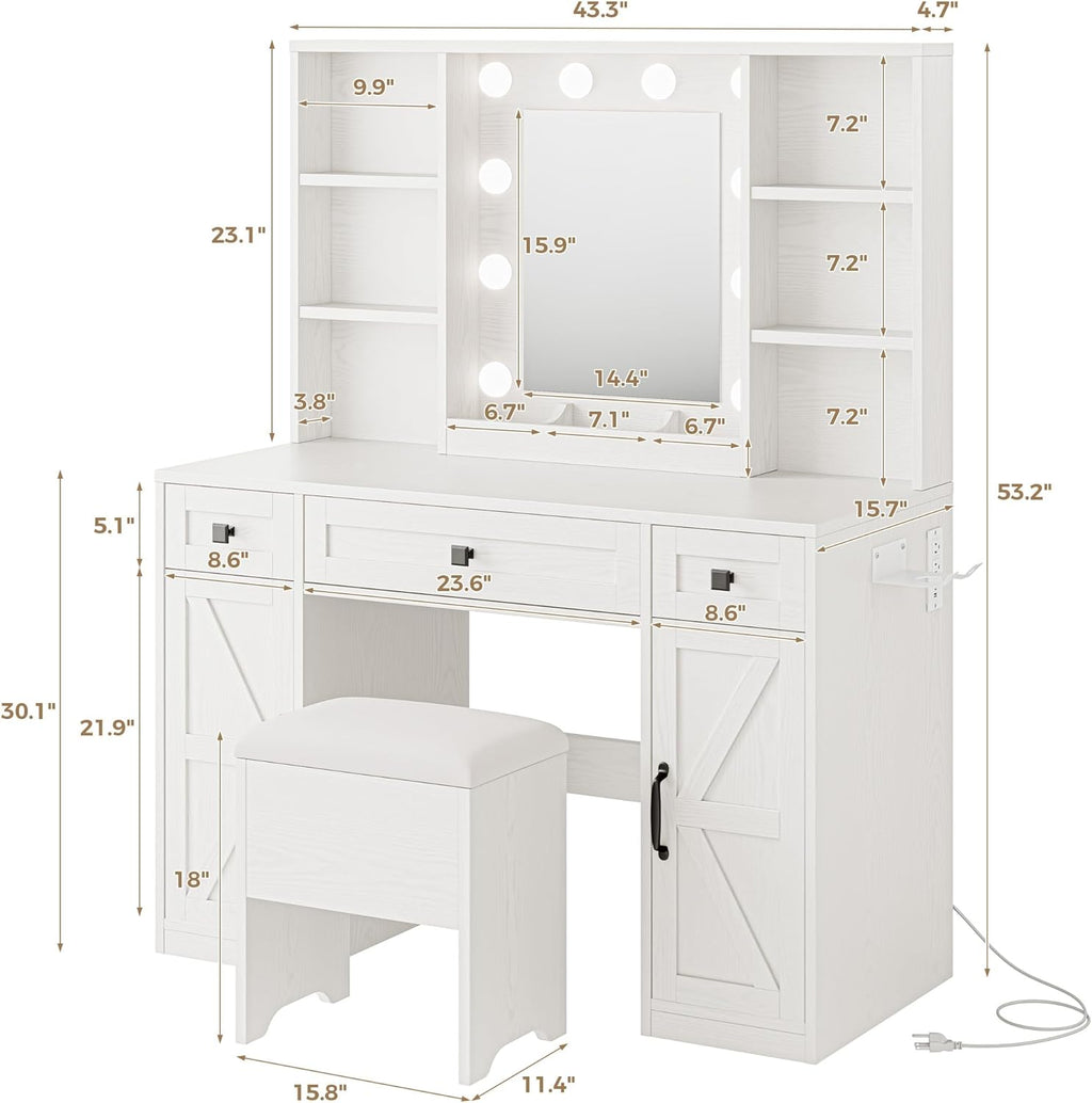 IRONCK White Vanity Desk with Mirror & Lights, Farmhouse Makeup Vanity Table with Adjustable 3 LED Modes, Charging Station, 3 Drawers & Storage Shelves, Stool Included