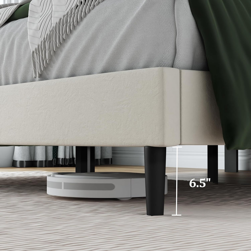 Full Size Bed Frame, Full Size Platform Bed Frame with Headboard, Upholstered Headboard, Sturdy Wooden Slats, Noiseless No Box Spring Required, Easy to Assemble, Beige