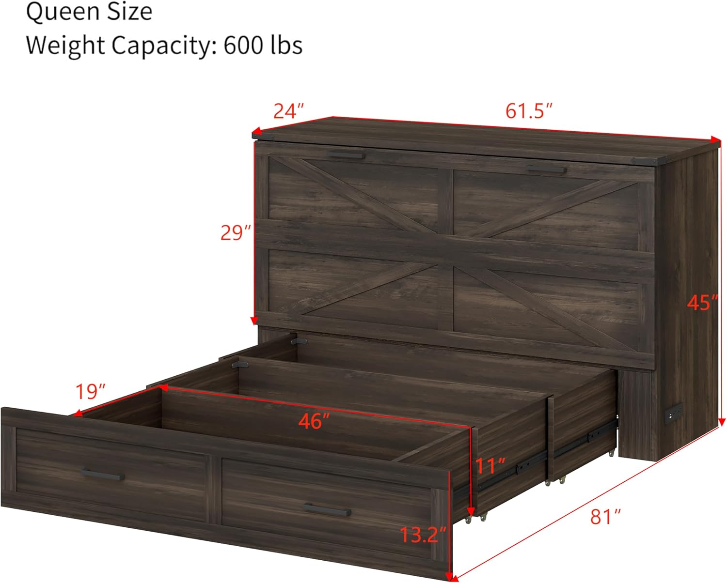 Bellemave Queen Murphy Bedframe, Cabinet Bed with Charging Station and Storage, Farmhouse Murphy Cabinet with Foldable Panel, Noisy Free, for Guest Bedroom, Living Room, Office, Rustic Gray