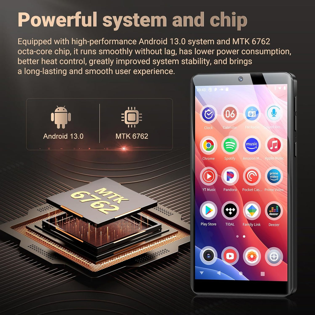 Oilsky 128GB MP3 Player with Bluetooth and WiFi, Android 13.0, 5.5" HD Touchscreen, 13MP Camera, Preloaded Spotify, Pandora, 1TB Expandable & Parental Controls
