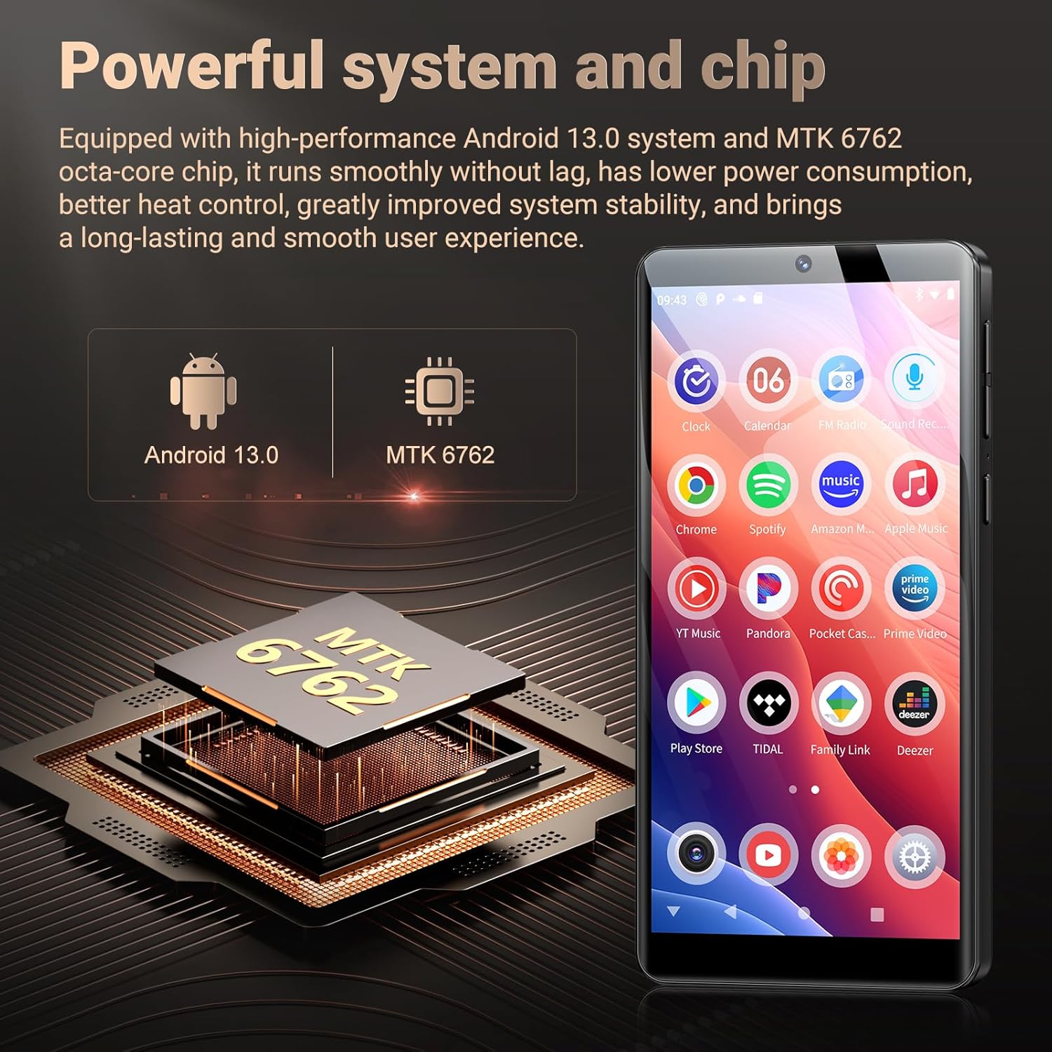 Oilsky 128GB MP3 Player with Bluetooth and WiFi, Android 13.0, 5.5" HD Touchscreen, 13MP Camera, Preloaded Spotify, Pandora, 1TB Expandable & Parental Controls